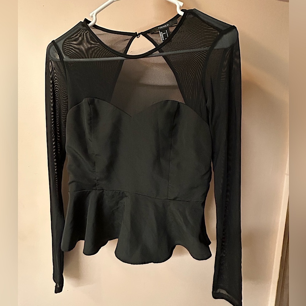 Forever 21 Black Peplum Long Sleeve Mesh Top Blouse Business Casual Size Small
